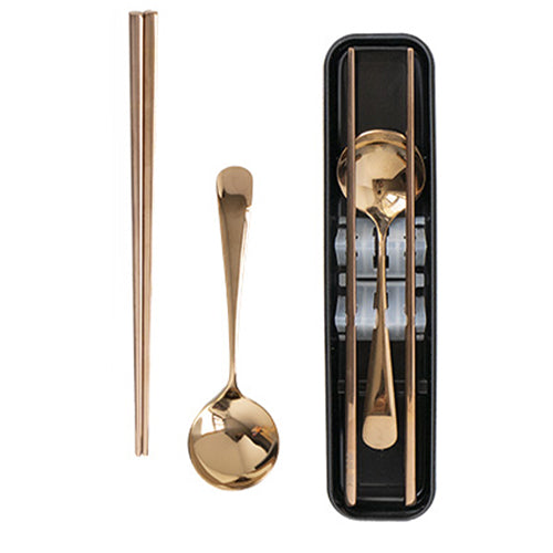 Portable Rose Gold Plated Stainless Steel Chopstick & Spoon Set