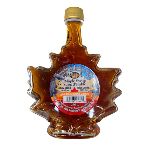 100% Pure Maple Syrup Amber Rich Taste 250ml Glass Leaf Bottle